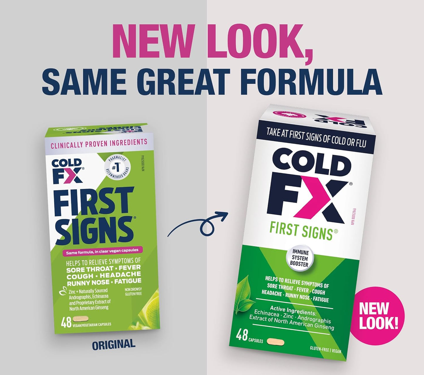 COLD-FX First Signs，有助于缓解咽喉痛、发烧、咳嗽、头痛、流鼻涕、疲劳等症状，北美人参提取物、紫锥菊、穿心莲和锌，48 粒素食胶囊