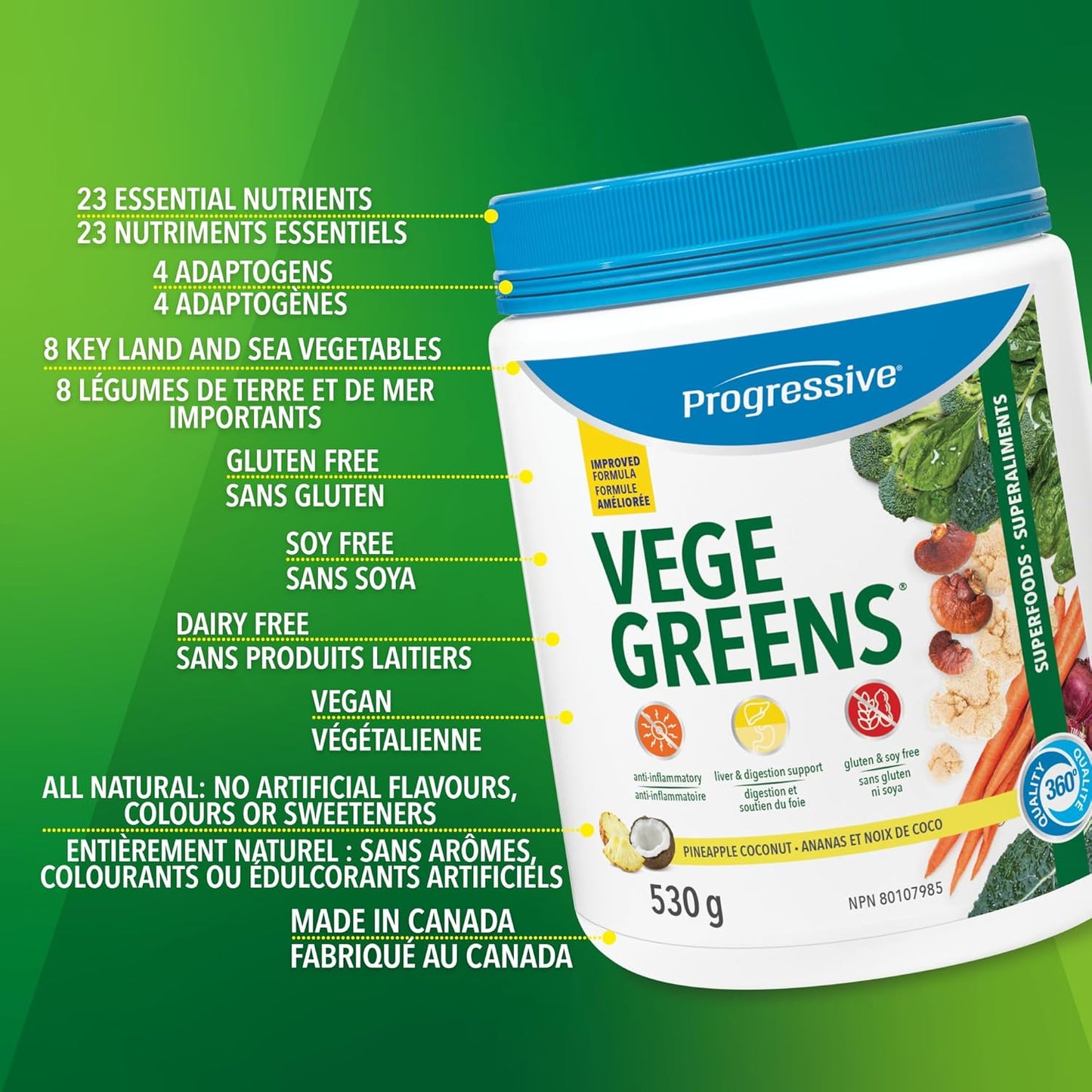 Progressive Vegegreens Pineapple Coconut Flavour 530 g, Anti-Inflammatory plus Liver & Digestion Support