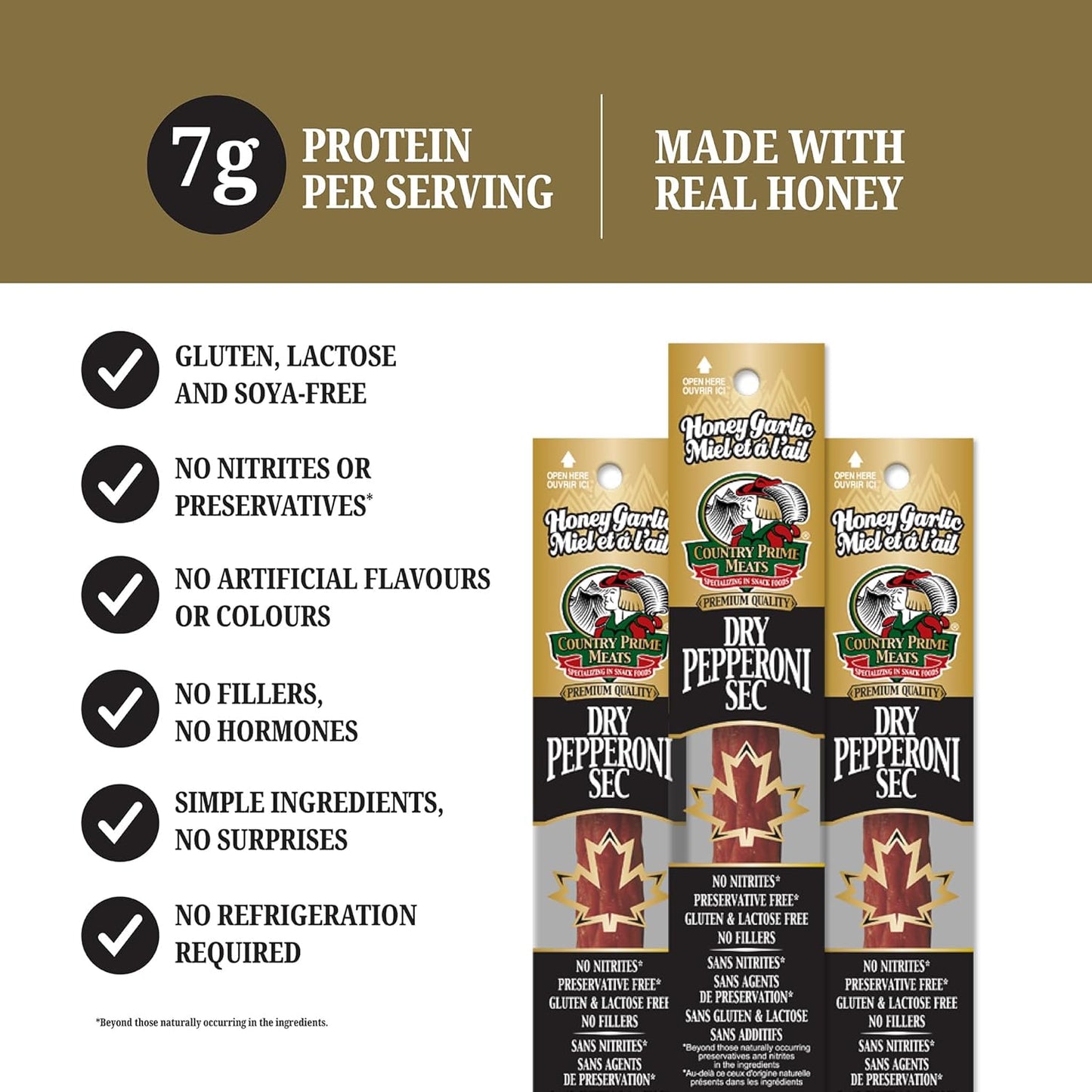 Country Prime Meats Honey Garlic Dry Cured Pepperoni Sticks. 100% Made In Canada. High Protein Snack. No Nitrites, No Artificial Flavours, Naturally Smoked, Gluten Free. 40g (Pack of 25)