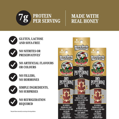 Country Prime Meats Honey Garlic Dry Cured Pepperoni Sticks. 100% Made In Canada. High Protein Snack. No Nitrites, No Artificial Flavours, Naturally Smoked, Gluten Free. 40g (Pack of 25)