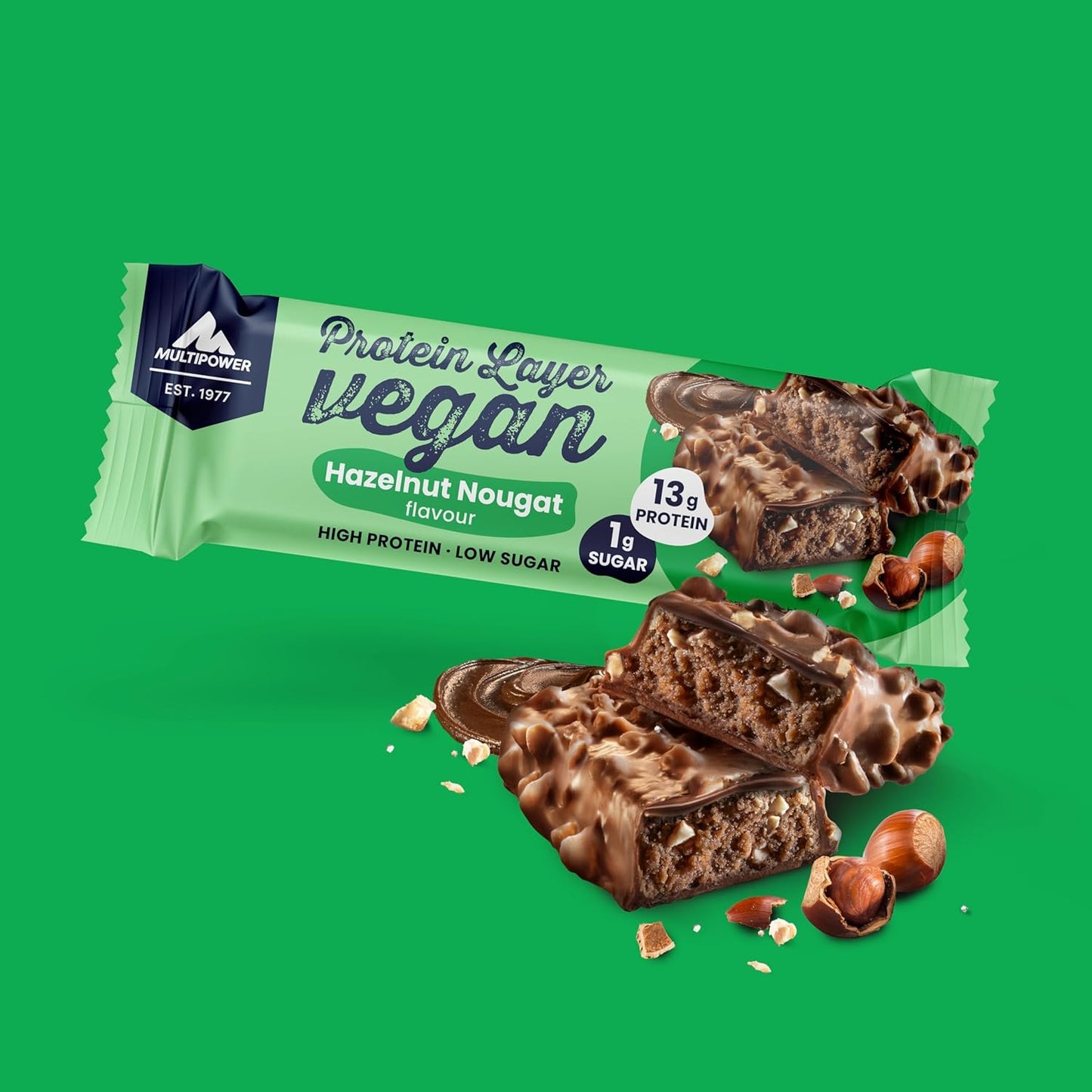 Multipower Vegan Protein Layer Hazelnut Bar Energy Bar with 24% Protein - Fitness Bar 15 x 55g - Vegan Protein Bar - Low Calorie Protein Bar with Hazelnut Flavour