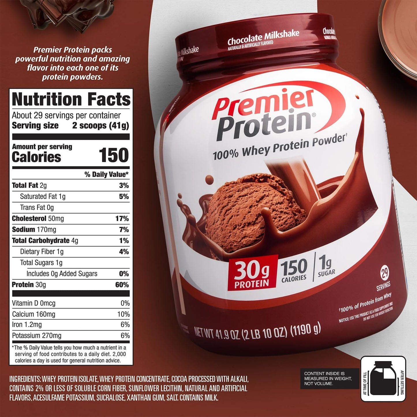 Premier Protein 蛋白粉，30 克蛋白质，1 克糖，100% 乳清蛋白，不含大豆成分，无麸质，巧克力奶昔，29 份，40.2 盎司