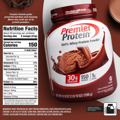 Premier Protein 蛋白粉，30 克蛋白质，1 克糖，100% 乳清蛋白，不含大豆成分，无麸质，巧克力奶昔，29 份，40.2 盎司