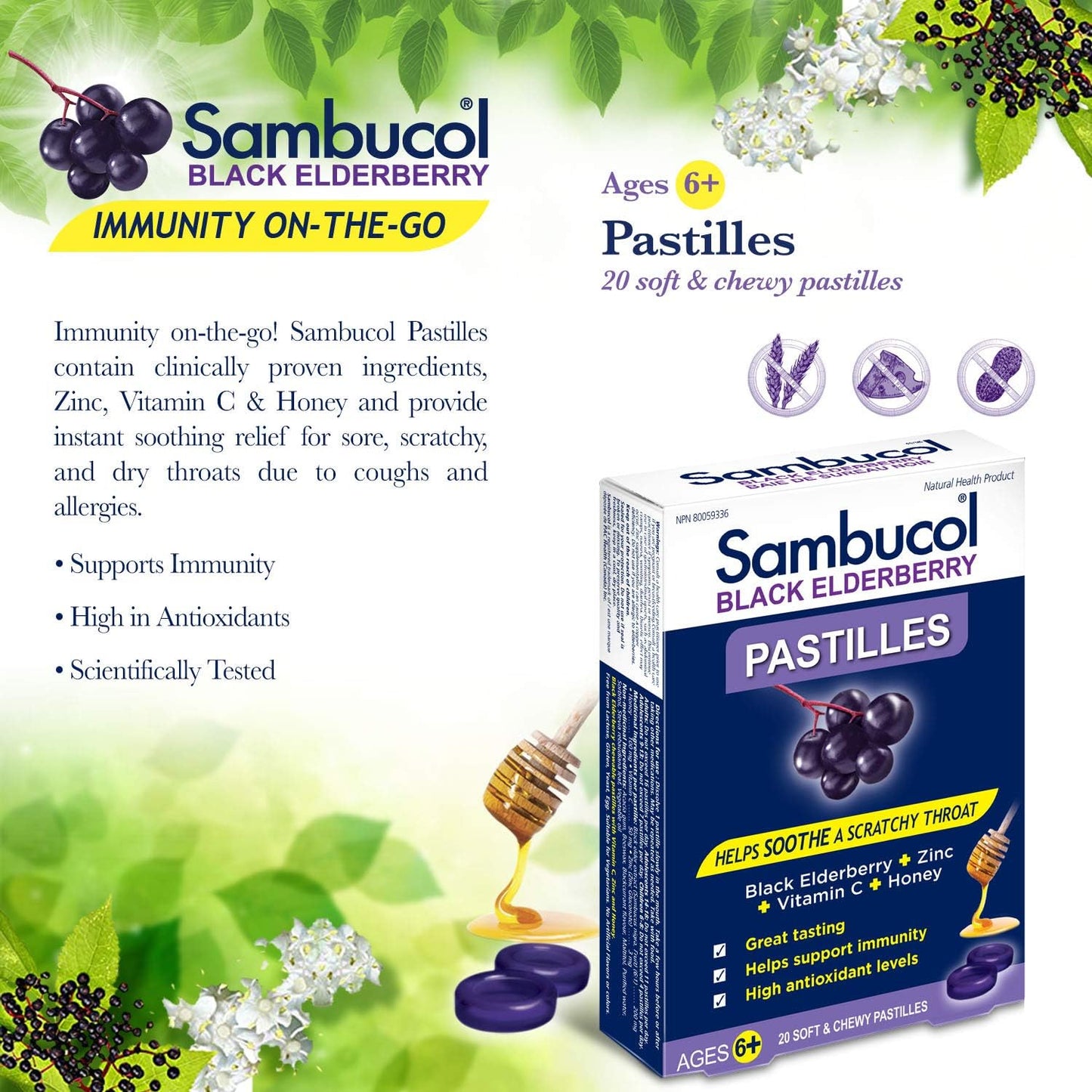 Sambucol Black Elderberry Pastilles | Quickly Soothes Sore, Dry & Scratchy Throat Symptoms | Immune Support & Antioxidant | Ideal for Ages 6+ | Gluten & Nut Free | 20 Soft & Chewy Pastilles, blue