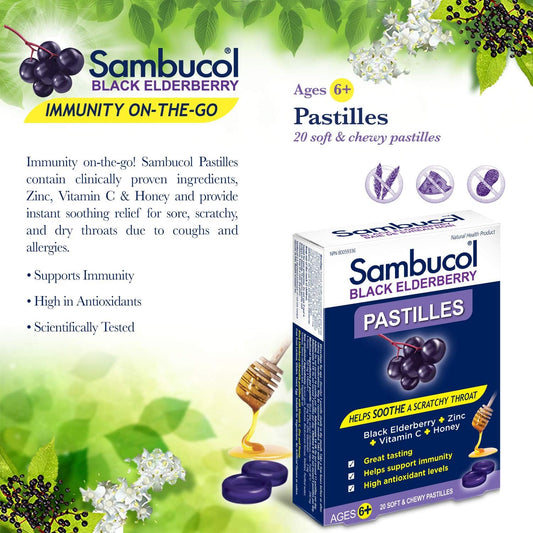Sambucol Black Elderberry Pastilles | Quickly Soothes Sore, Dry & Scratchy Throat Symptoms | Immune Support & Antioxidant | Ideal for Ages 6+ | Gluten & Nut Free | 20 Soft & Chewy Pastilles, blue