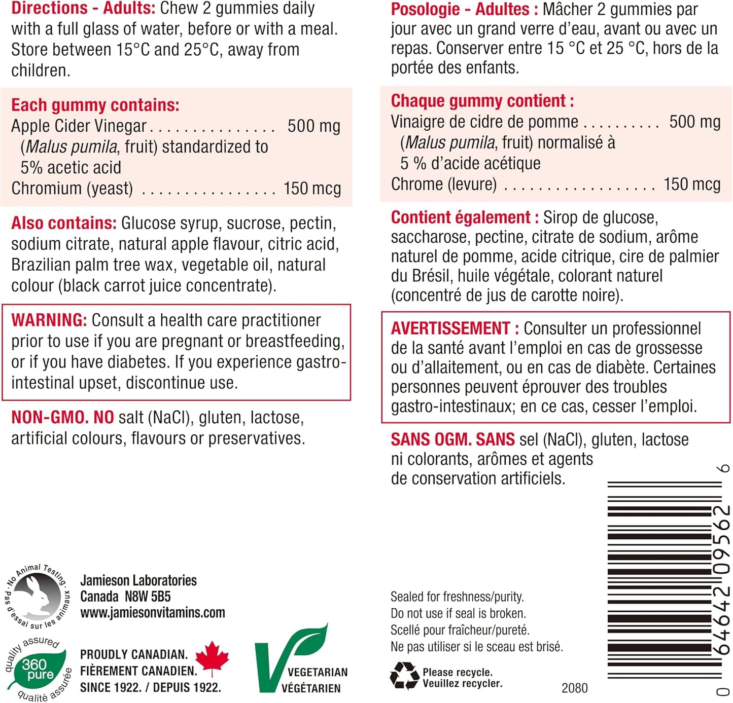 Jamieson 苹果醋软糖，含铬，有助于维持正常血糖水平，促进新陈代谢。素食，不含人工色素、香精或防腐剂，红苹果味，60 粒