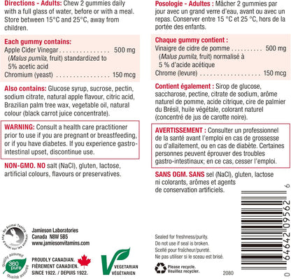 Jamieson 苹果醋软糖，含铬，有助于维持正常血糖水平，促进新陈代谢。素食，不含人工色素、香精或防腐剂，红苹果味，60 粒
