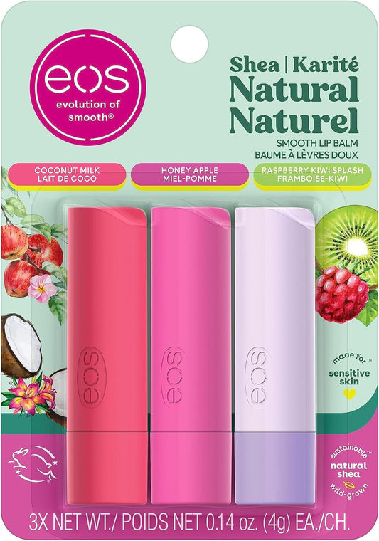 EOS 100% Natural & Organic Lip Balm Stick, Variety Pack, Coconut Milk, Honey Apple, and Raspberry Kiwi, 12g, 3-pack
