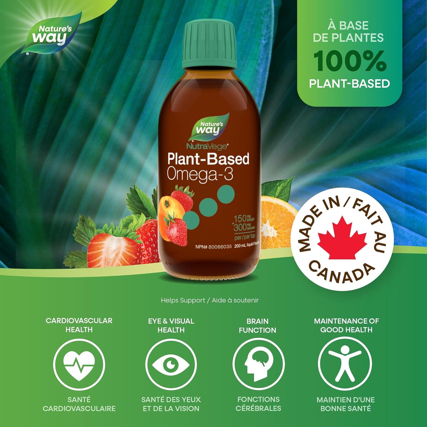Nature's Way NutraVege 植物性 Omega-3 – 素食液體 Omega-3 補充劑，含 150 毫克 EPA + 300 毫克 DHA - 草莓橙味 – 支持成人心臟、眼睛和大腦功能，200 毫升