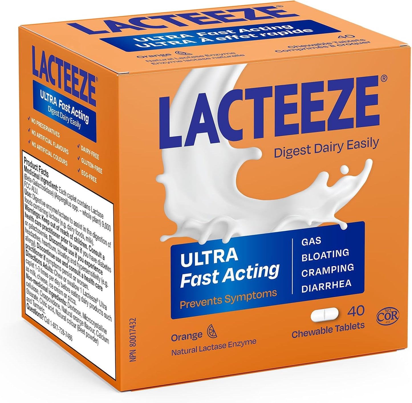 Lacteeze Ultra 橙味胶囊 - 快速缓解乳糖不耐症症状 - 9000 FCC 乳糖酶单位，咀嚼片，40 片