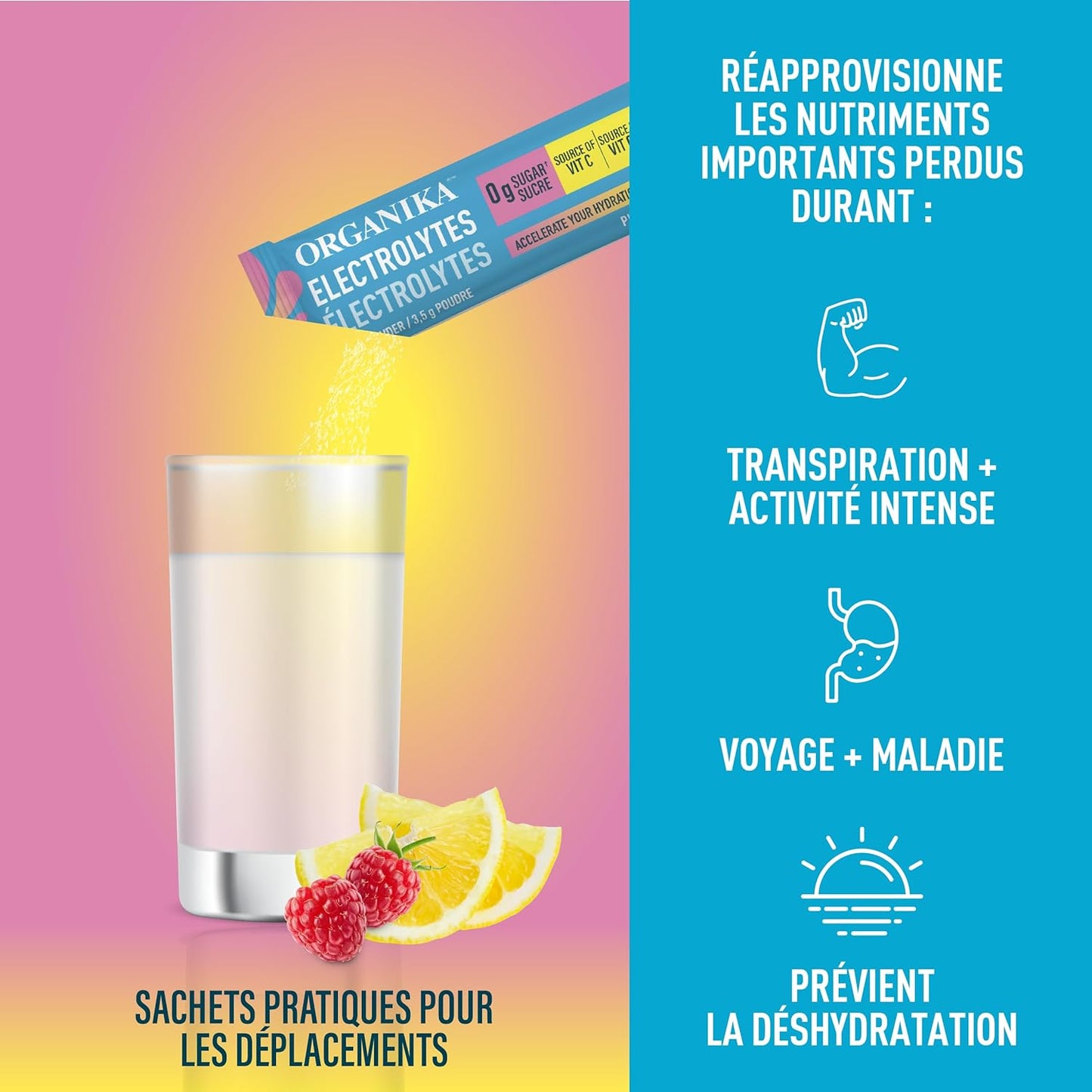 Organika 加拿大制造电解质粉 - 粉红柠檬水小袋装 - 随时随地补充水分和电解质，含益生元和维生素 C，3.5 克 x 20 包