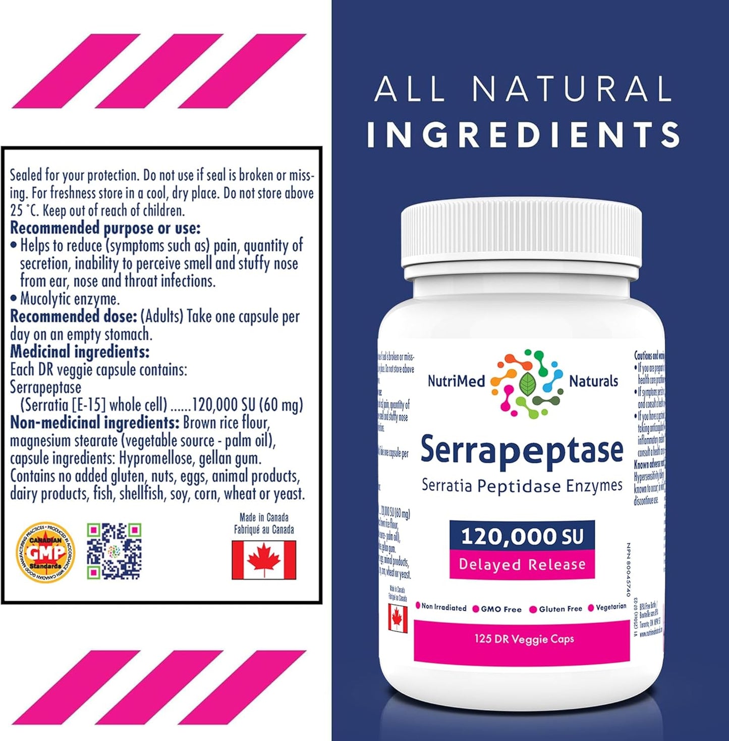Nutrimed Naturals - Serrapeptase 120000, 125 Capsules 125-Day Supply - High Potency Systemic Enzyme Supplement, Serrapeptase Blend for Optimal Health - 3rd Party Tested - Formulated and Made in Canada