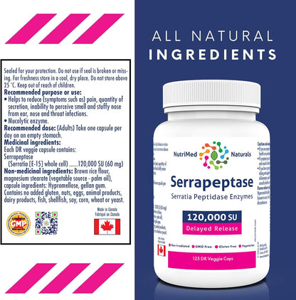 Nutrimed Naturals - Serrapeptase 120000, 125 Capsules 125-Day Supply - High Potency Systemic Enzyme Supplement, Serrapeptase Blend for Optimal Health - 3rd Party Tested - Formulated and Made in Canada