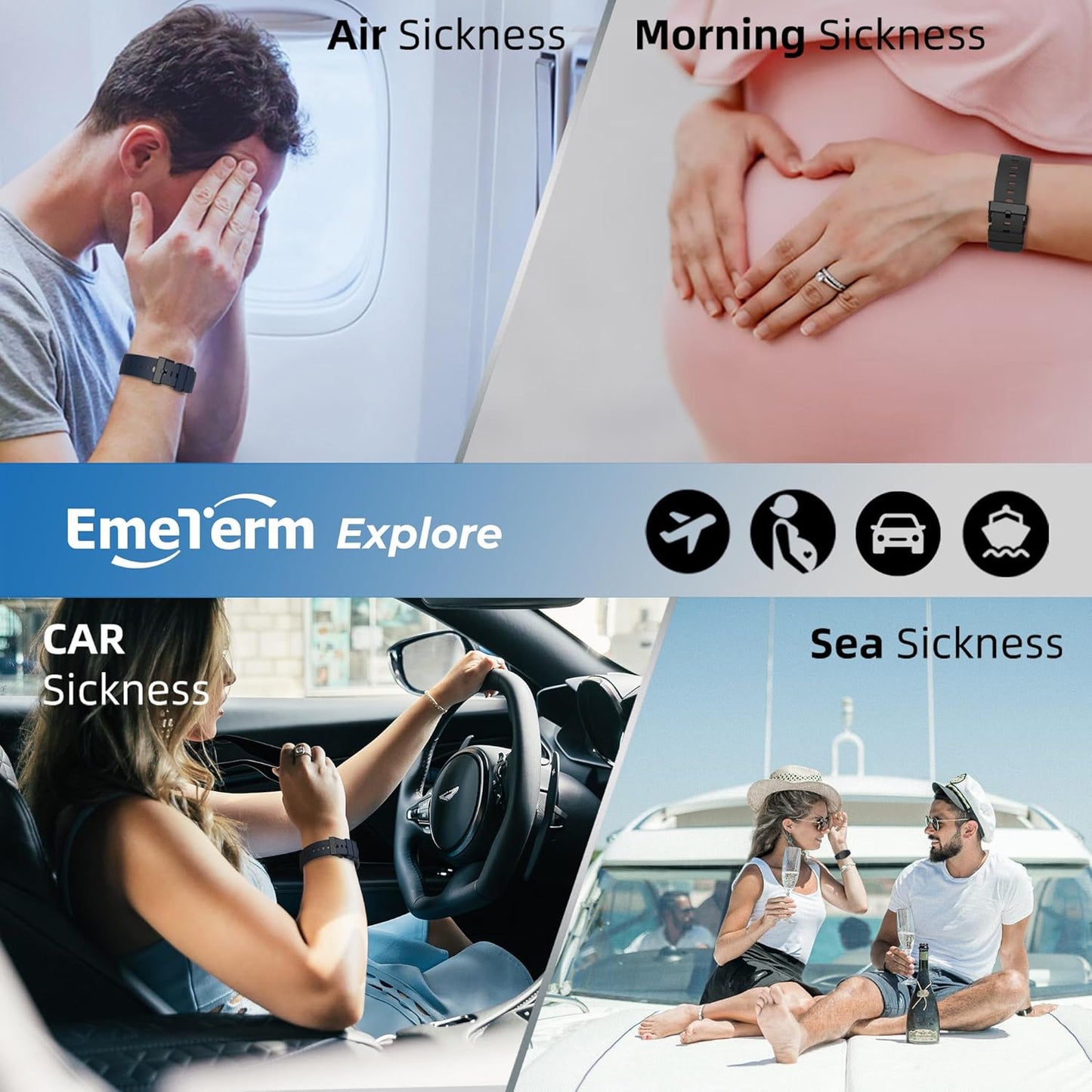EmeTerm Explore Galaxy Black FDA Cleared Anti-Nausea Wristband IP67 Waterproof Morning Motion Travel Sickness Vomit Relief Rechargeable Classic Strap Design No Gel Drug Free Without Side Effects