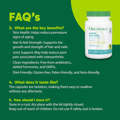 Organika 加拿大製造海洋膠原蛋白膠囊 - 鮭魚膠原蛋白 - 皮膚、頭髮和指甲支撐 - 優質採購 - 90 粒膠囊