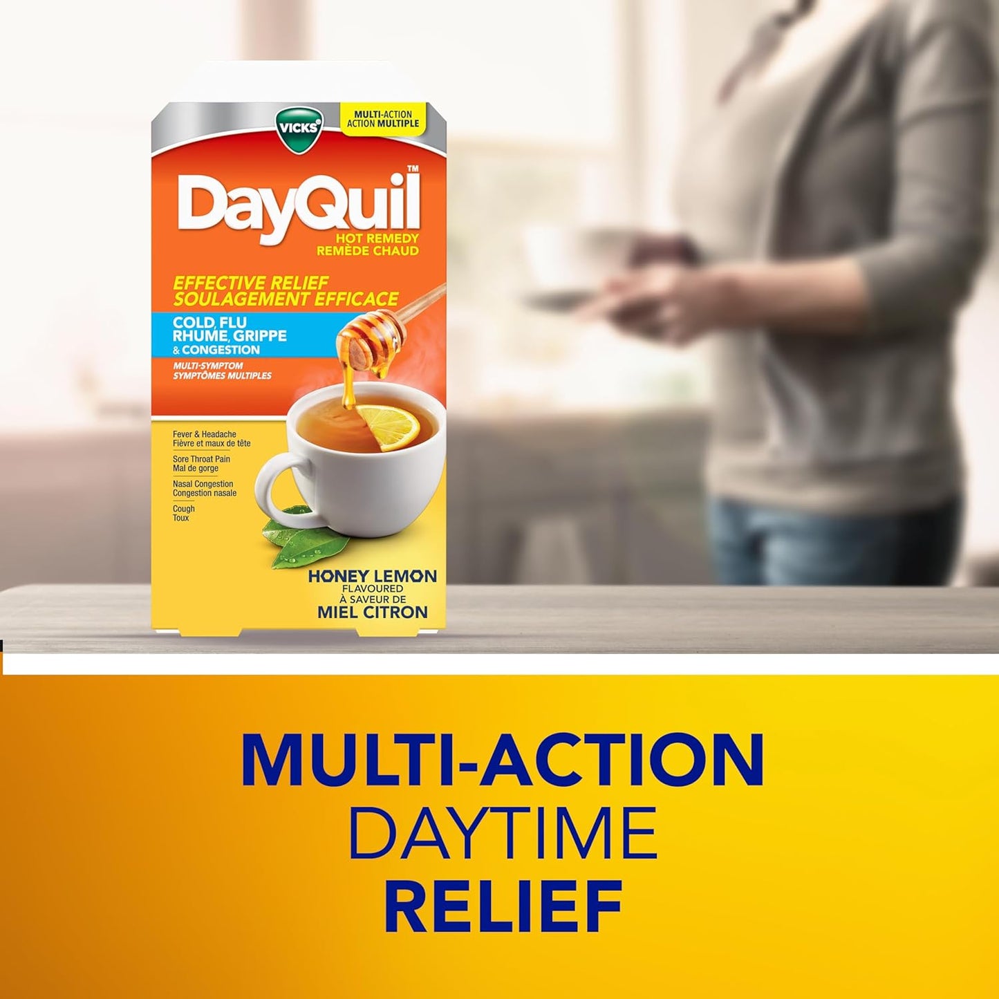 Vicks DayQuil 熱敷感冒、流感和鼻塞藥，白天使用，不引起困倦，緩解發燒和頭痛、咽喉痛、鼻塞、咳嗽，多效合一，蜂蜜檸檬味，8 包粉劑