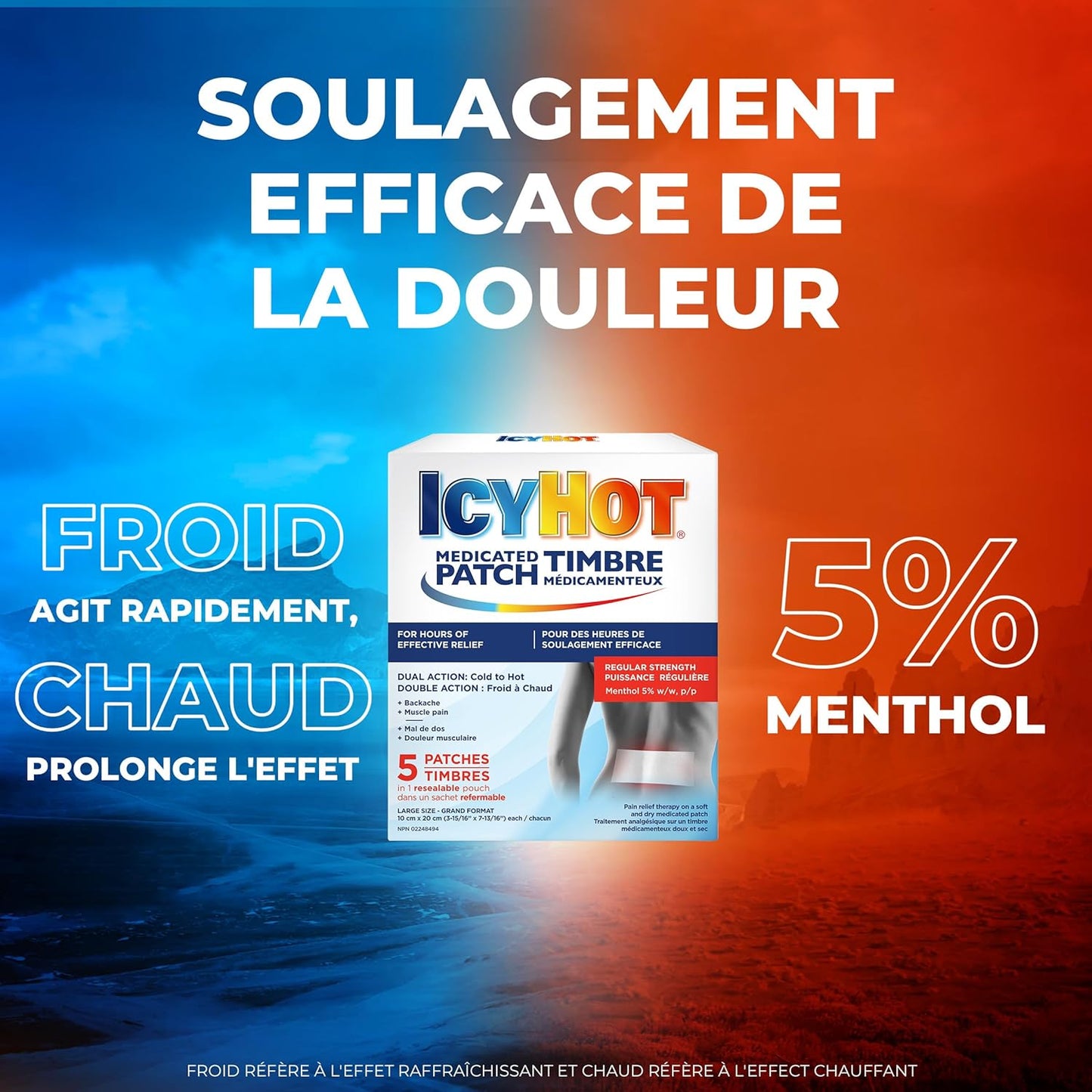 冰热药用止痛贴，缓解肌肉和关节疼痛，适用于简单的背痛、腰痛、关节炎、拉伤和扭伤，不含非甾体抗炎药，薄荷醇含量为 5%，5 片