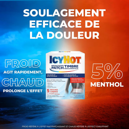 冰热药用止痛贴，缓解肌肉和关节疼痛，适用于简单的背痛、腰痛、关节炎、拉伤和扭伤，不含非甾体抗炎药，薄荷醇含量为 5%，5 片