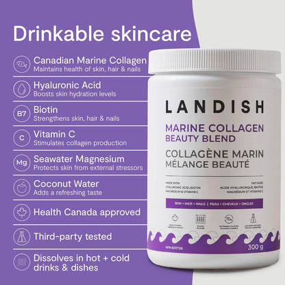 Landish 海洋膠原蛋白美容混合肽粉 - 野生海洋膠原蛋白、透明質酸、生物素、海水鎂和維生素 C - 皮膚、頭髮和指甲支持 - 可飲用的護膚品 - 快速溶解 - 加拿大製造 - 3…