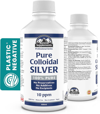 Pure Colloidal Silver Liquid 600ml Family Size, 120 Servings, 10 ppm Trace Mineral Drops, Neutral Taste, Multipurpose Daily Use for Skin & Wellness, Proudly Canadian, Plastic Negative, Vegan, GMO-Free