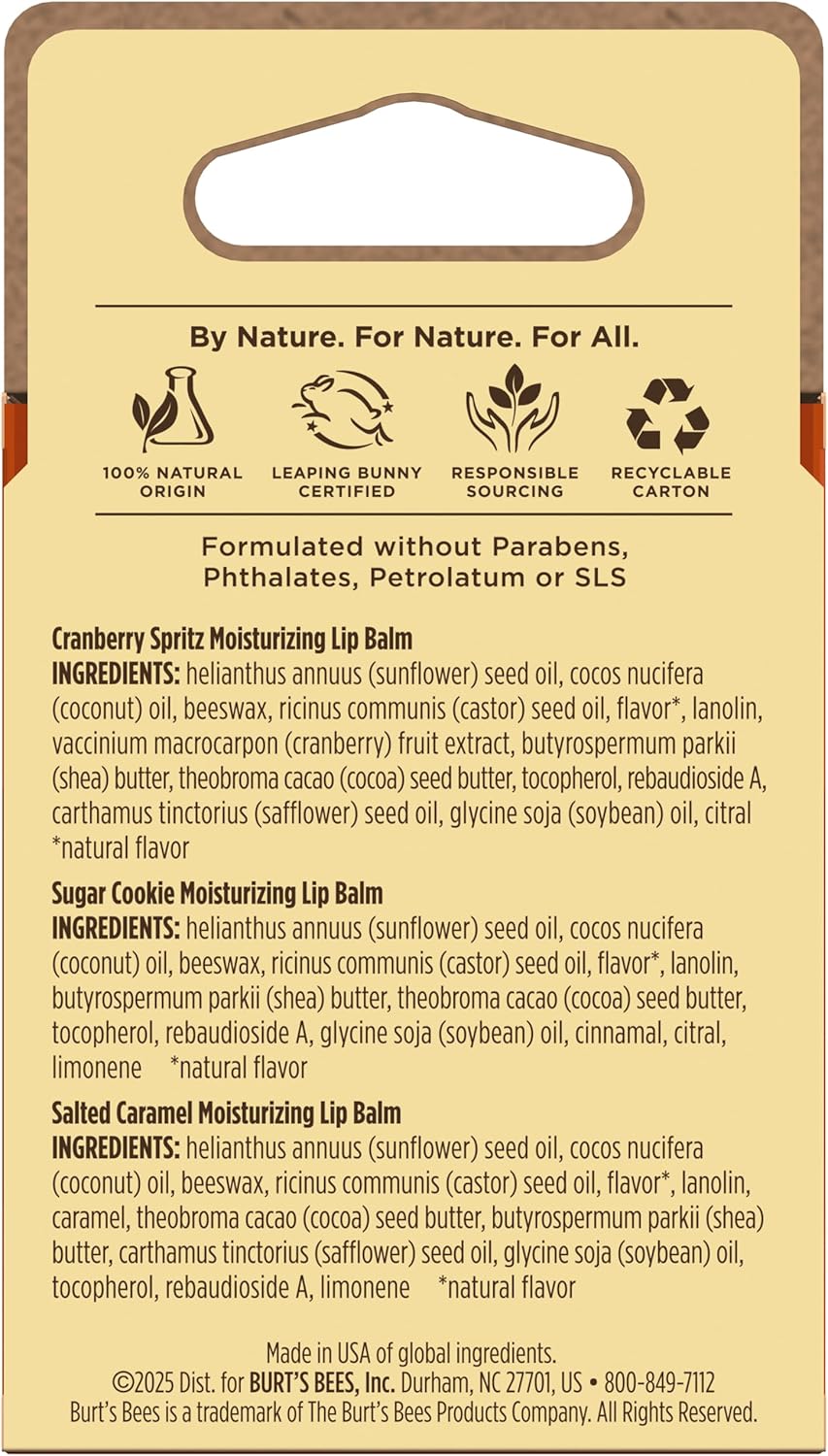 Burt's Bees 100% 天然保湿润唇膏，适用于干燥皲裂的嘴唇，令双唇柔软水润 - 3 支装 - （舒适季节）糖饼干、蔓越莓喷雾、咸焦糖