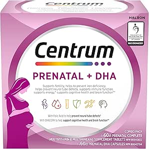 Centrum 產前多種維生素/礦物質，含葉酸和 DHA，多種維生素補充劑，含 Omega 3，60 片產前片劑和 60 粒 DHA 軟膠囊（共 120 粒）（包裝可能有所不同）