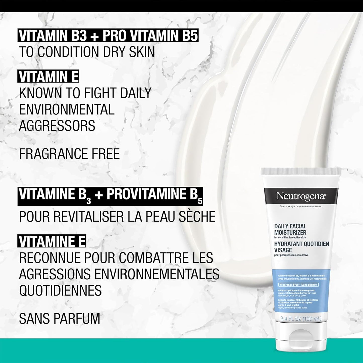 Neutrogena Fragrance Free Daily Facial Moisturizer, Face & Neck Moisturizer for Sensitive Skin with Vitamin B3, Pro-Vitamin B5 & Vitamin E Supports Skin's Dynamic Barrier, 100ml