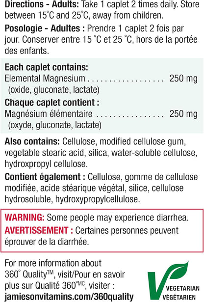Jamieson 強效鎂錠 250 毫克，電解質，支持整體健康、骨骼健康和肌肉功能。非基因改造，無麩質，150 粒膠囊，加拿大製造