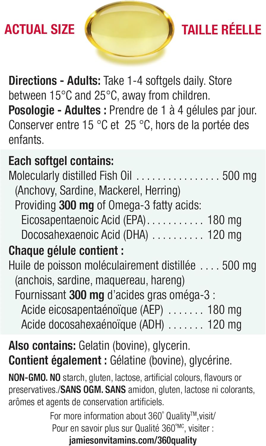 Jamieson Omega-3 Select Mini Softgels, Easy to Swallow, Supports Brain and Heart Health, and Helps Reduce Cholesterol. With EPA and DHA, Non-GMO, Gluten-Free, 200 Count, Proudly Canadian