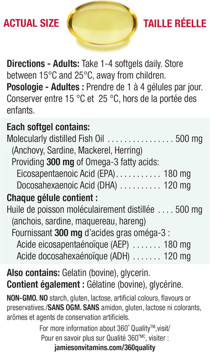 Jamieson Omega-3 Select Mini Softgels, Easy to Swallow, Supports Brain and Heart Health, and Helps Reduce Cholesterol. With EPA and DHA, Non-GMO, Gluten-Free, 200 Count, Proudly Canadian