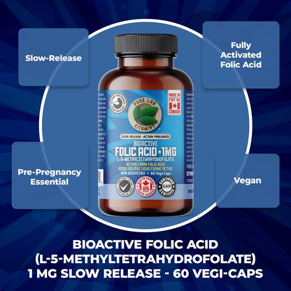Pure Lab 维生素 | 缓释生物活性叶酸 1 毫克 | 60 粒胶囊 | 女性维生素 B9 叶酸补充剂 | 孕期叶酸 | L-5-MTHF 补充剂 | 免疫系统支持和心血管
