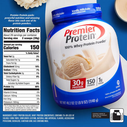 Premier Protein Protein Powder, 30g Protein, 1g Sugar, 100% Whey Protein, No Soy Ingredients, Gluten Free, Vanilla Milkshake, 29 Servings, 40.2oz