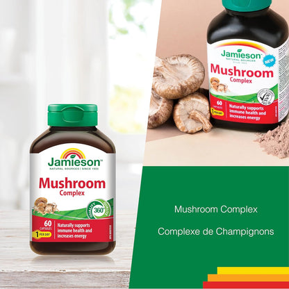 Jamieson Mushroom Complex, with Reishi, Lion's Mane, Chaga, Shiitake, and Garlic. Supports Immune Health, Energy, Resistance to Stress, and Heart Health, Non-GMO, Gluten-Free, 60 Capsules, Proudly Canadian