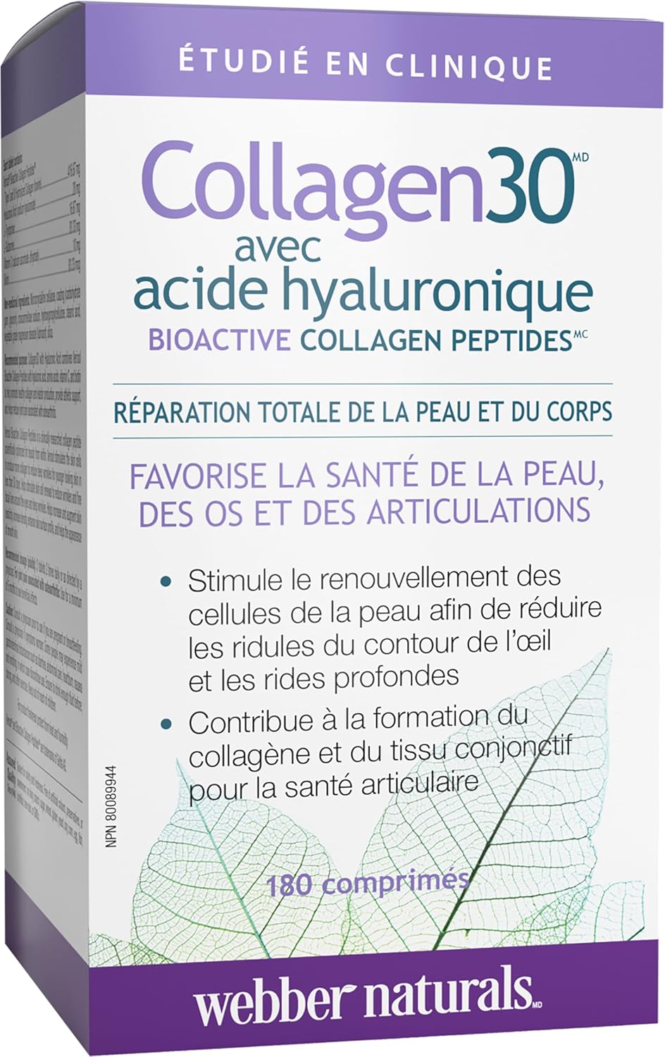 Webber Naturals Collagen30 含透明質酸、生物活性膠原蛋白勝肽，180 片，有助於減輕關節疼痛、眼部皺紋和臉部細紋