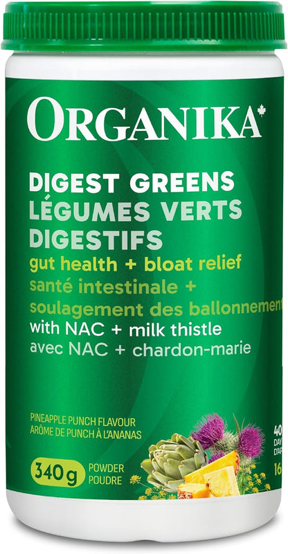 Organika Canadian-Made Digest Greens for Gut Health + Bloat Relief- Organic Greens Powder with NAC and Milk Thistle- Detox, Antioxidants, Digestion and Liver Support - Pineapple Punch Flavour- 340g