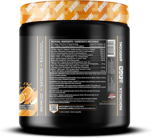 REDCON1 Total War 運動前粉，柳橙汁 - β-丙氨酸 + 瓜氨酸蘋果酸，適合素食者和生酮飲食者，適合男性和女性，含 250 毫克咖啡因 - 速效 HMB（30 份）