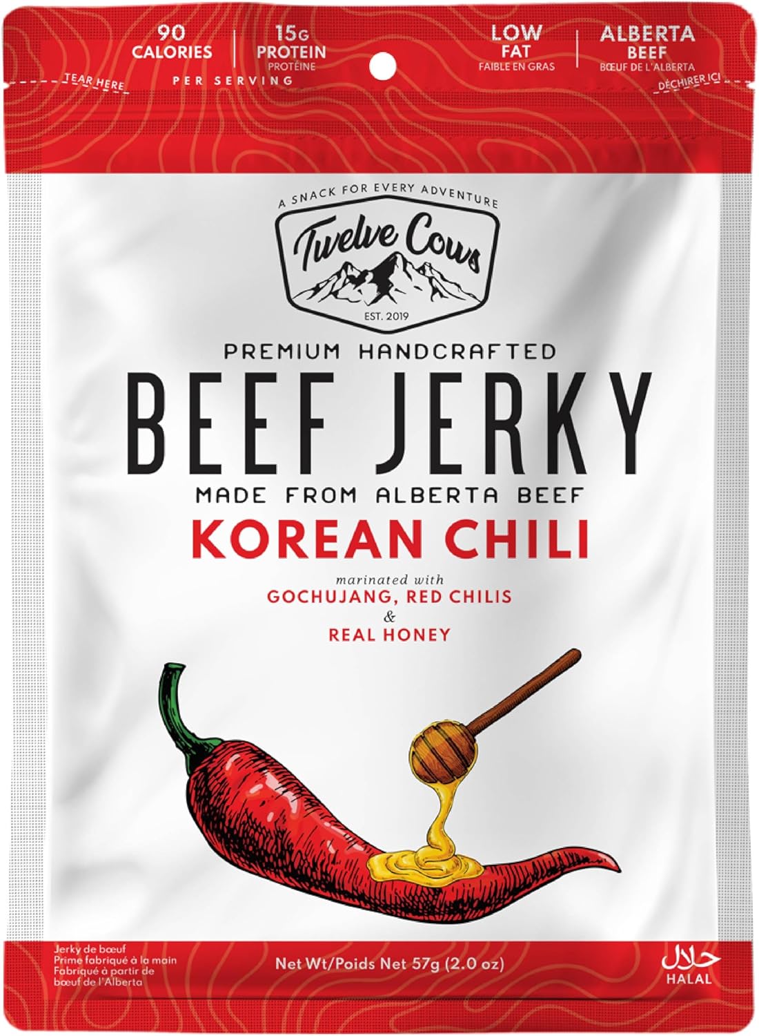 Twelve Cows Handcrafted Beef Jerky Korean Chili, Whole Muscle Premium Cuts, Alberta Beef, High Protein, Low Carb, Halal, Keto - 57g (1 Pack)