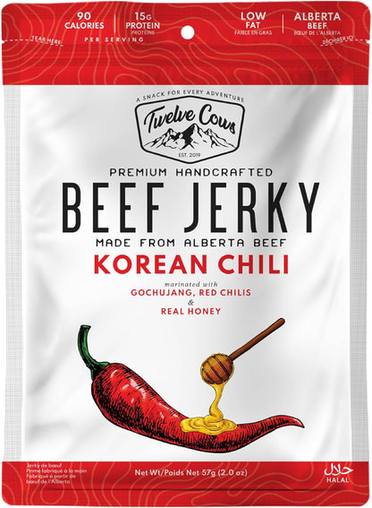 Twelve Cows Handcrafted Beef Jerky Korean Chili, Whole Muscle Premium Cuts, Alberta Beef, High Protein, Low Carb, Halal, Keto - 57g (1 Pack)