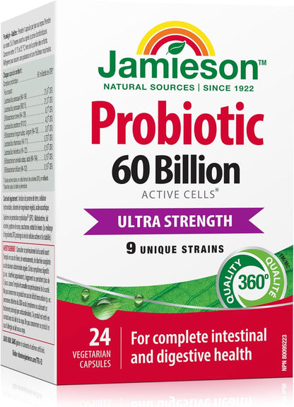 Jamieson 益生菌 600 億活性細胞，超強效，支持消化系統健康和腸道健康。 9 種獨特菌株，包括乳酸桿菌和雙歧桿菌，非基因改造，無麩質，24 粒素食膠囊