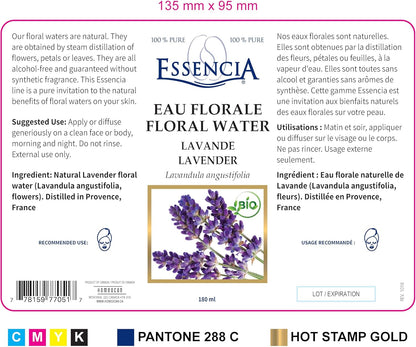 Essencia 有机薰衣草花水喷雾 180ml，舒缓纯露面部喷雾，舒缓、保湿、清爽肌肤 - 不含酒精，普罗旺斯蒸汽蒸馏，适合温和的日常护肤程序