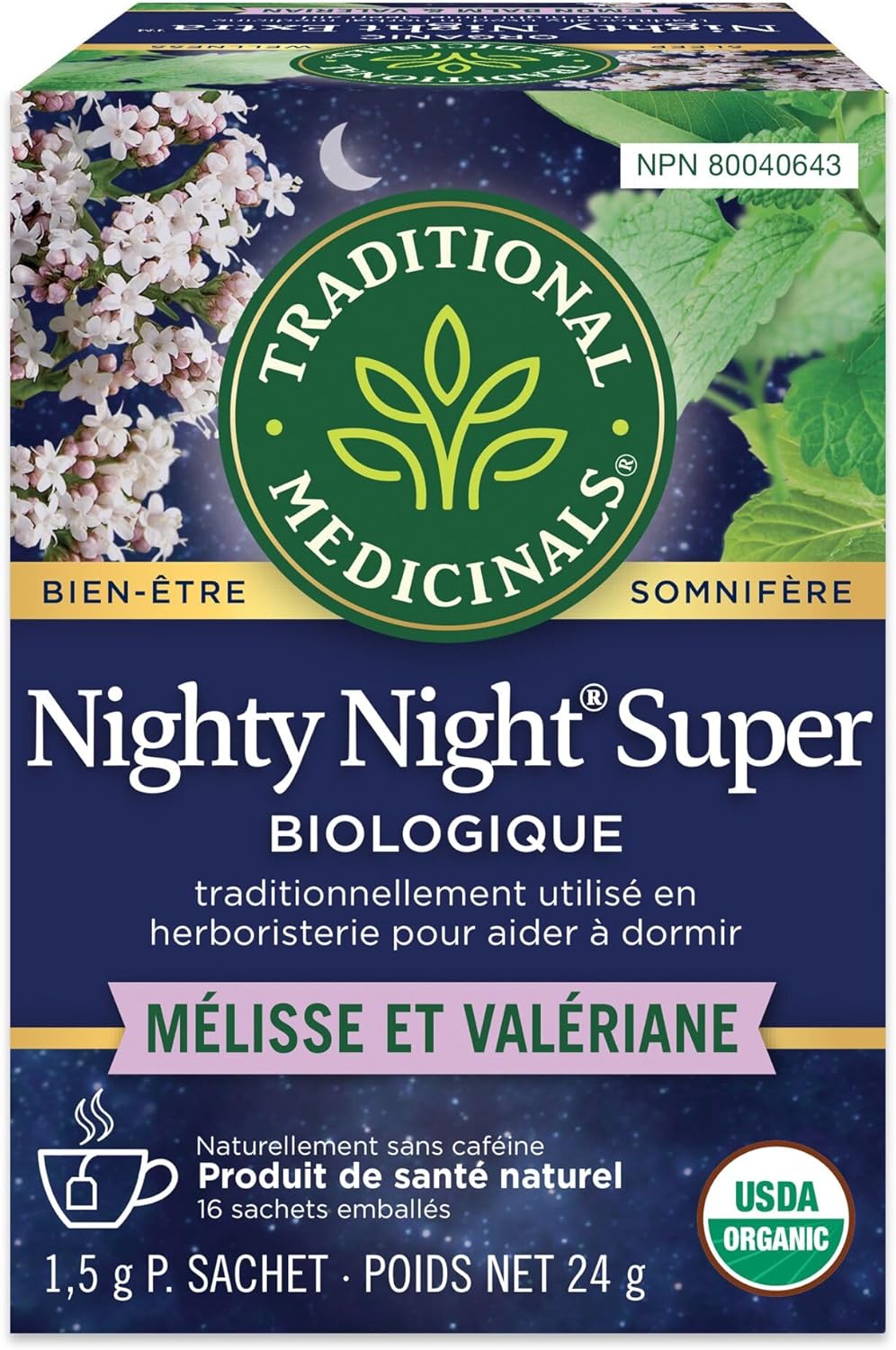 Traditional Medicinals - 有机 Nighty Night Extra 草本茶（6 包）- 天然助眠成分，含缬草、西番莲和柠檬香蜂草 - 共 96 个茶包