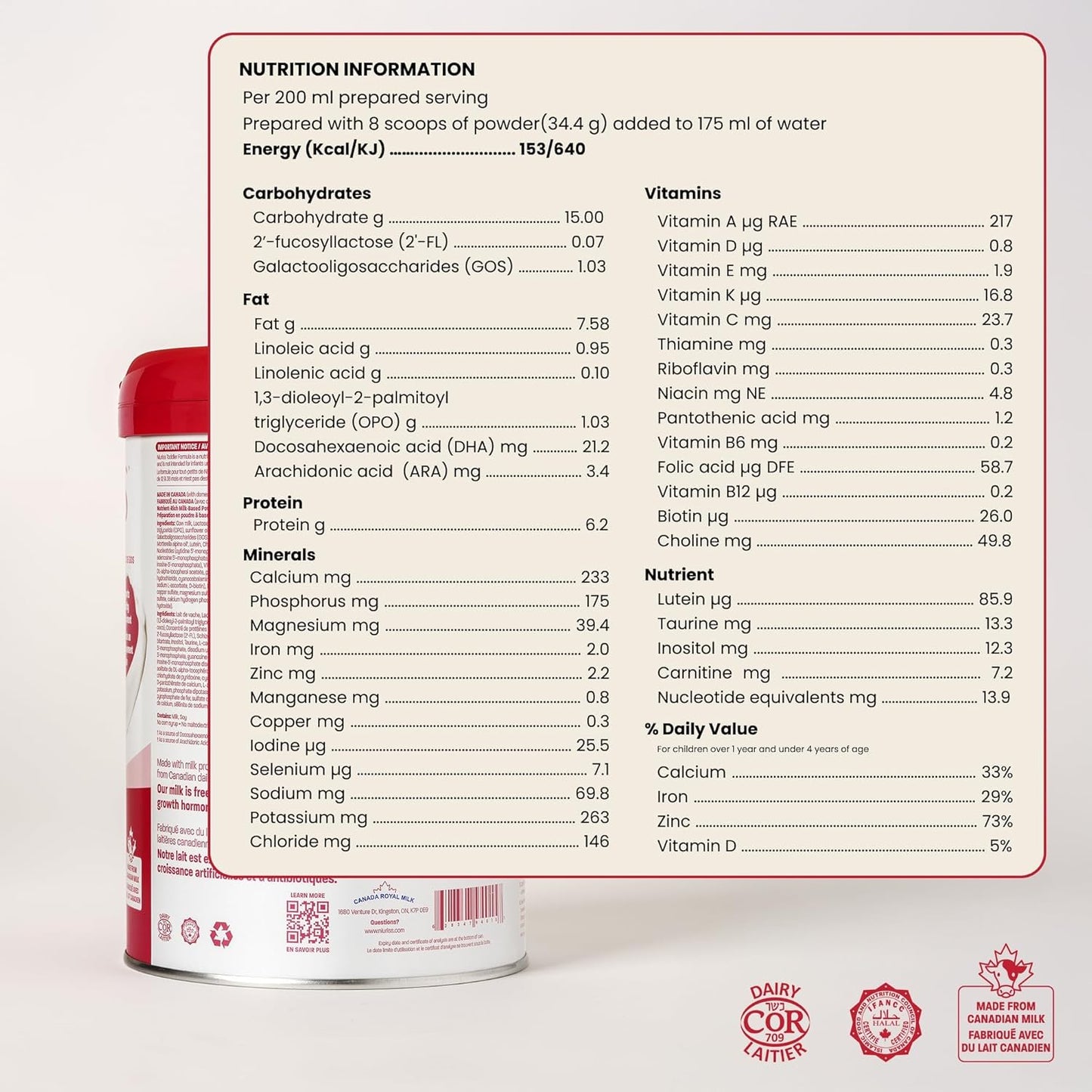 NIURISS Toddler Formula - With 27 micronutrients, OPO Lipids and GOS fiber. Toddler formula made in Canada from Canadian milk - Certified Kosher and Halal - 12-36 mo. 900g