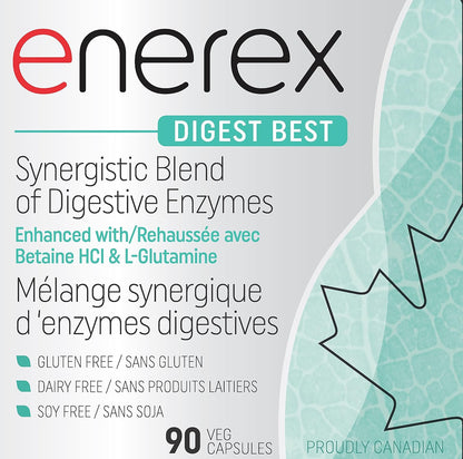 ENEREX - Digest Best 90粒素食膠囊，30天用量 - 協同消化酶混合物，添加甜菜鹼鹽酸鹽和L-谷氨酰胺 - 緩解消化不良、脹氣、腹脹和胃酸反流