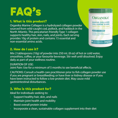 Organika 加拿大製造海洋膠原蛋白粉 - 北大西洋野生捕撈 - 9 克純水解膠原蛋白，有益於皮膚、頭髮、指甲和關節健康 - 無味，250 克