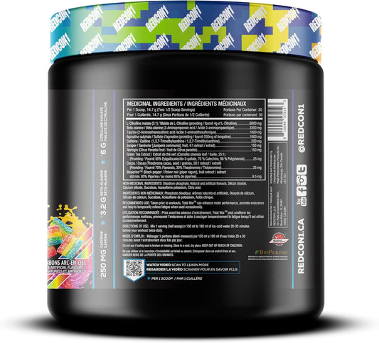 REDCON1 Total War 運動前粉，彩虹糖 - β-丙氨酸 + 瓜氨酸蘋果酸，適合素食者和生酮飲食者，適合男性和女性，含 250 毫克咖啡因 - 速效 HMB（30 份）