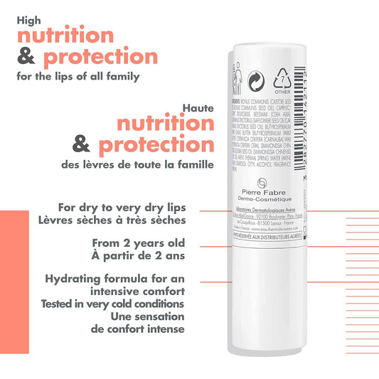 Eau Thermale Avene 唇部護理保濕霜，適用於乾燥受損的嘴唇，24 小時滋養，乾裂的嘴唇，棒狀