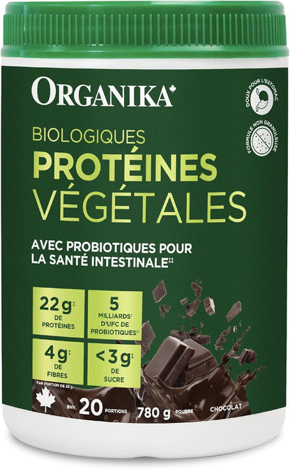 Organika 有機植物蛋白粉巧克力味，含益生元和益生菌 - 22 克純素蛋白，4 克膳食纖維，支持消化、腸道健康、能量和肌肉恢復 - 低糖，非基因改造 - 780 克