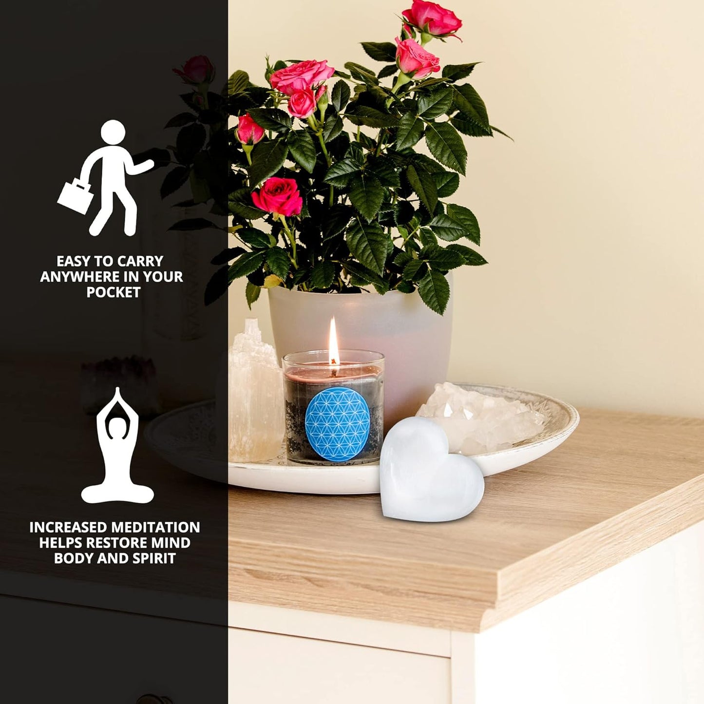 NORTHLANDZ 透石膏心忧掌石，高能量透石膏/缎纹石爱情掌石，用于清洁和保护，具有治愈和镇静作用