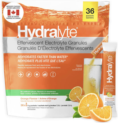 HydraLyte Electrolyte Powder, Low Sugar Electrolyte Packets Designed for Rapid Hydration, Safe Hydration for All Ages - Made with All Natural Ingredients, 36 Servings, Orange Flavour