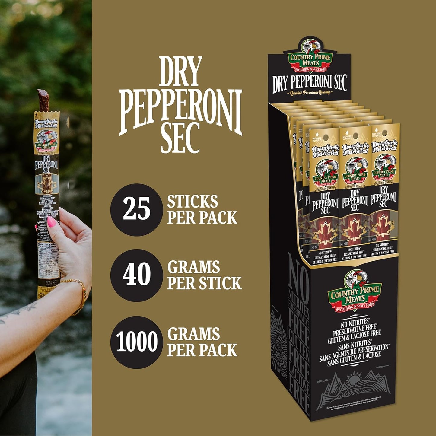 Country Prime Meats Honey Garlic Dry Cured Pepperoni Sticks. 100% Made In Canada. High Protein Snack. No Nitrites, No Artificial Flavours, Naturally Smoked, Gluten Free. 40g (Pack of 25)